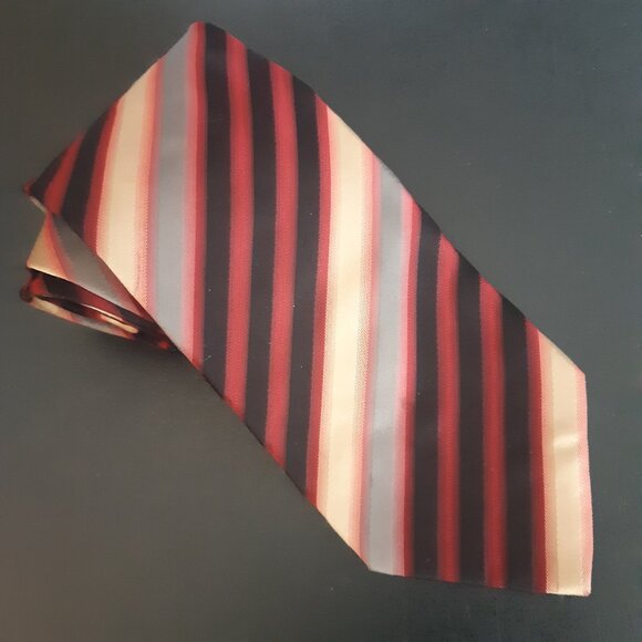 Hugo Boss Diagonal Striped Silk Tie, Black, Deep Red, Taupe & Gray - Picture 1 of 10